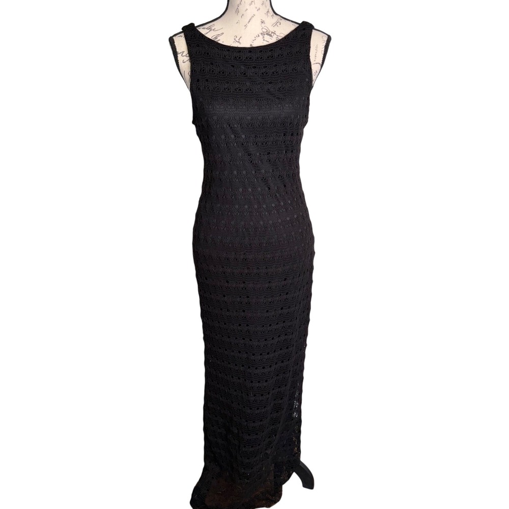 Fabrik Black Crochet Maxi Dress Sleeveless Deep Scoop Back Large NWT Boho Beach